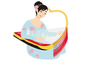 箜篌（古代東アジアの弦楽器）を扱う女性